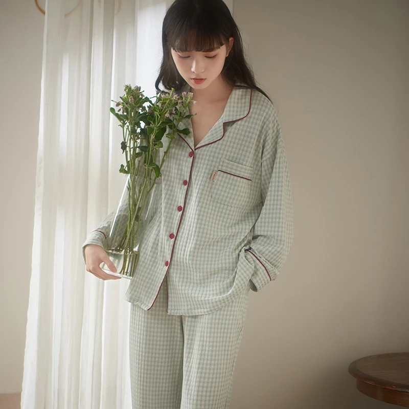 马克公主睡衣春秋季女款长袖日系格子可外穿家居服2023年新款套装