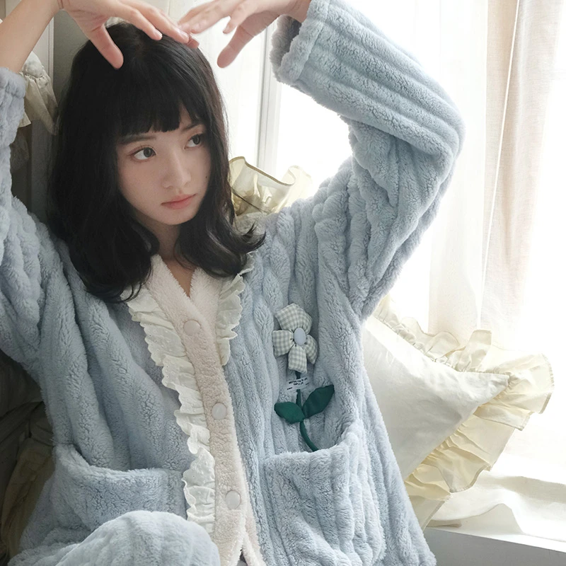 马克公主珊瑚绒睡衣女冬季可爱花朵套装可外穿加厚加绒秋冬家居服