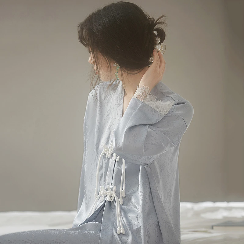 马克公主睡衣女春秋冰丝薄款长袖新中式千金风家居服旗袍盘扣套装
