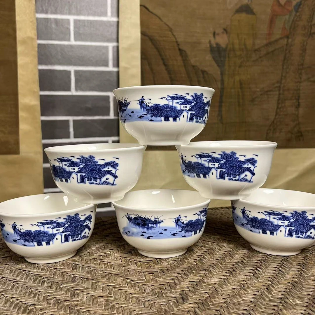 A064 青花山水人家瓷碗六碗/批量不固定其中一套六 陶瓷