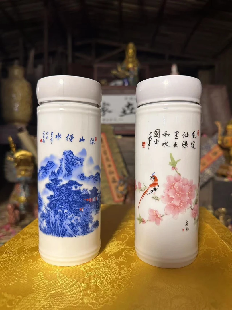 I063 青花山水水点桃花保温杯/批量不固定其中一件 陶瓷