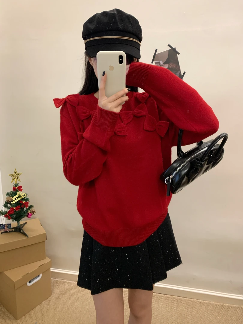 新年羊毛女士针织衫手工重工蝴蝶结圆领套头韩系简约宽松针织上衣