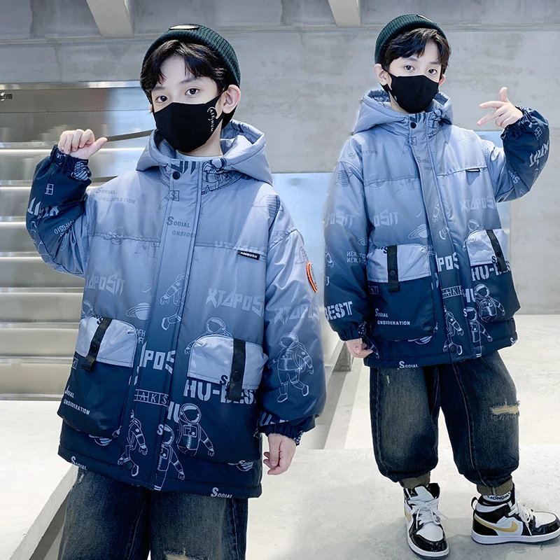 男童秋冬加绒外套中长款男孩加厚洋气棉服中大童派克服棉衣时尚潮