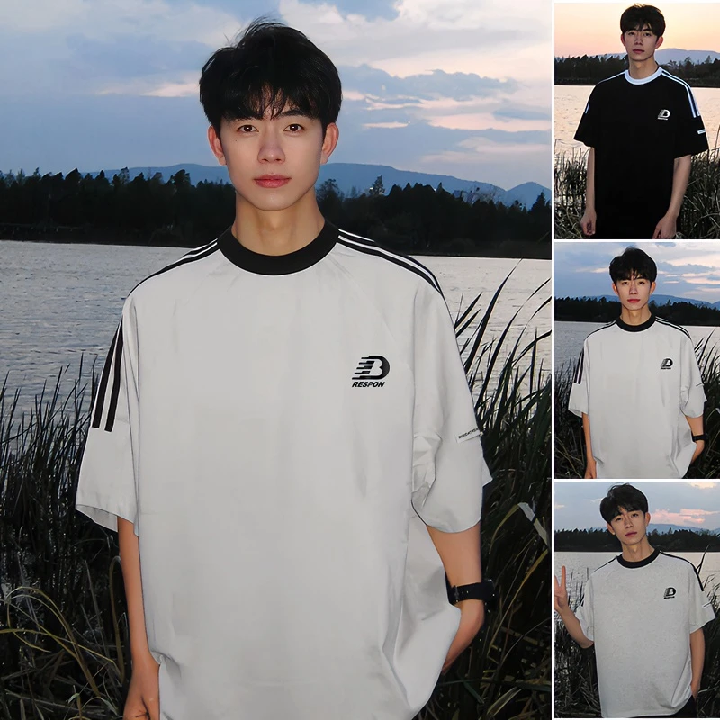 美式重磅纯棉短袖简约t恤男夏季潮牌三条杠短袖T恤夏天圆领半袖潮