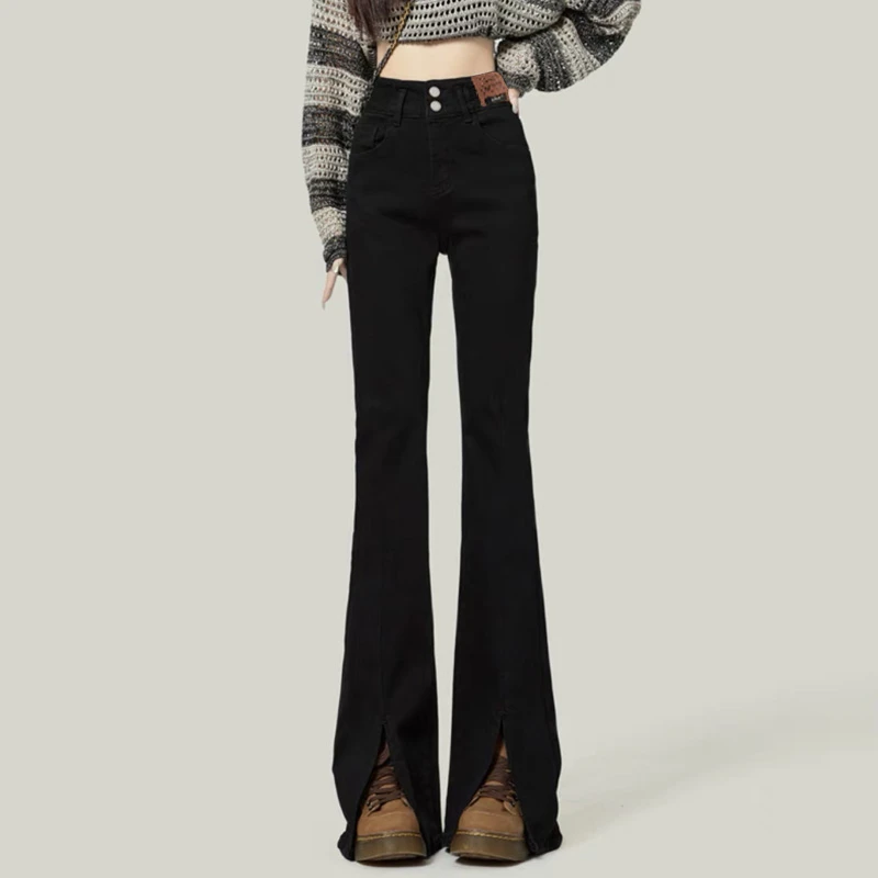 【断码福利】6816百搭时尚微喇牛仔裤开叉高腰修身紧身显瘦微喇叭裤