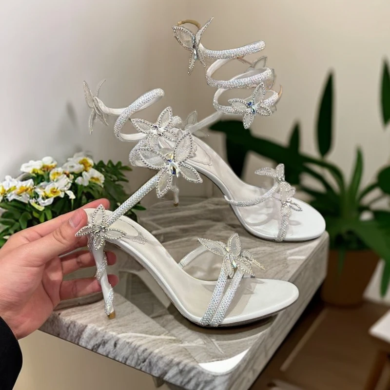 水钻蛇形缠绕凉鞋女2024年夏季新款一字带时尚百搭水晶高跟鞋细跟