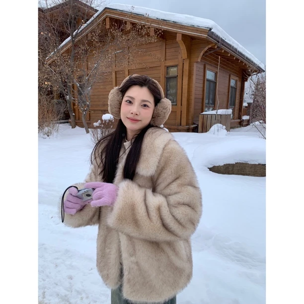 PASSERBYFAIRY魅惑巴黎 气质宽松翻领环保仿水貂毛毛外套XZ1911