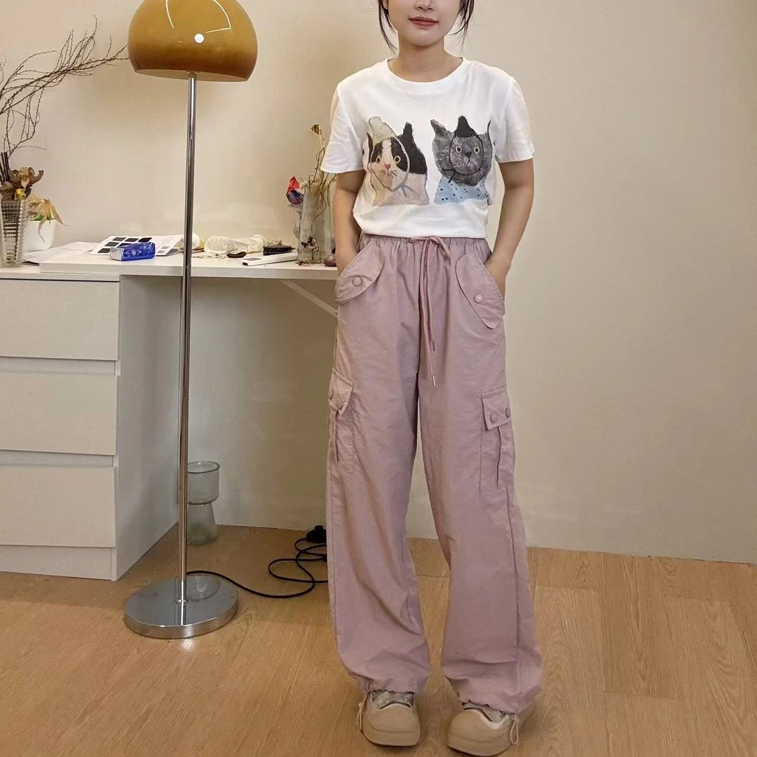 小个子粉色工装裤女150cm美式多口袋休闲宽松直筒阔腿长裤xs码夏