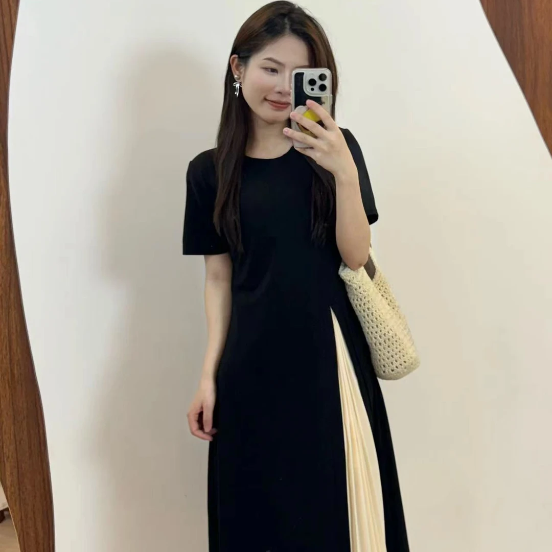小个子撞色连衣裙女夏皱褶拼接设计感遮肉显瘦中长款黑色复古