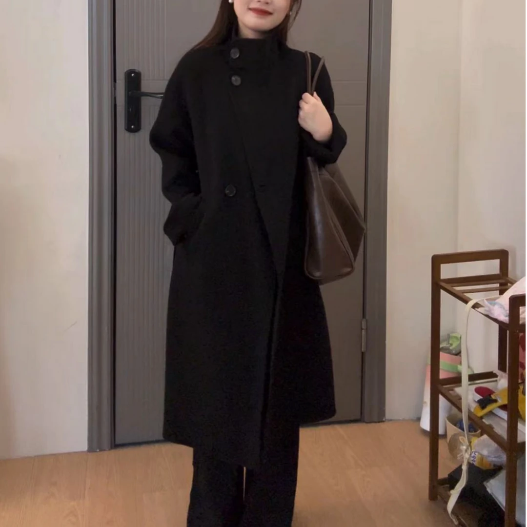 小个子双面100羊毛大衣绵羊毛中长款毛呢外套女士秋冬双面呢黑色