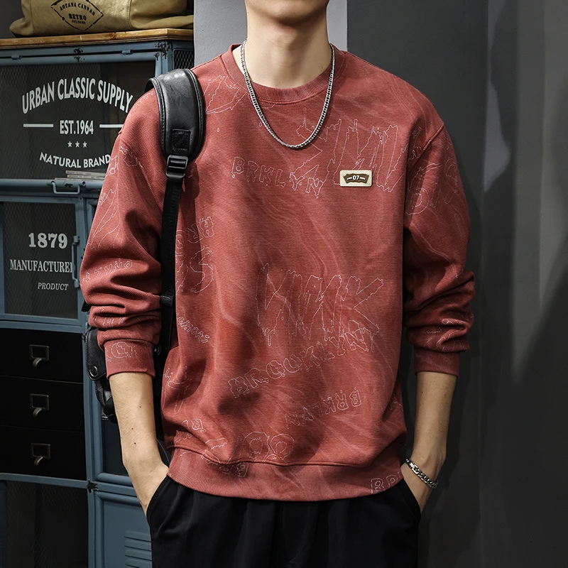 2024秋季重磅云染水洗卫衣男加绒美式痞帅圆领长袖上衣休闲外套潮