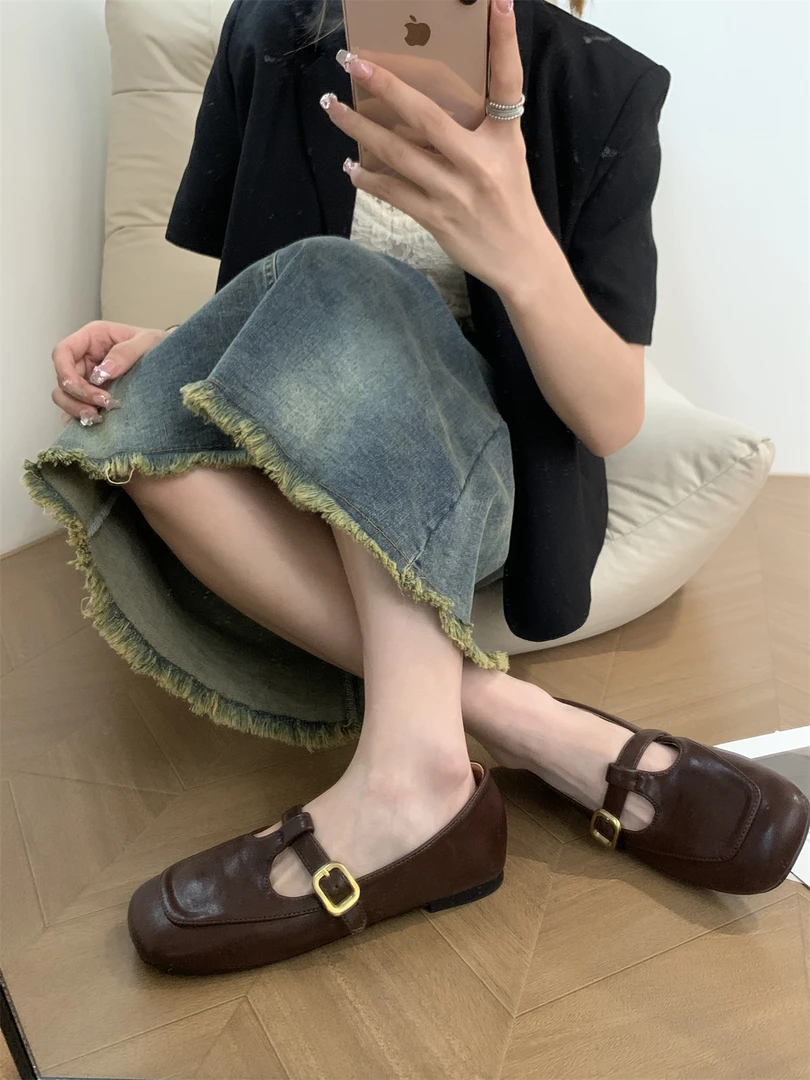 女鞋皮鞋单鞋乐福鞋百搭平底方头真皮软底玛丽珍粗跟浅口秋季圆头