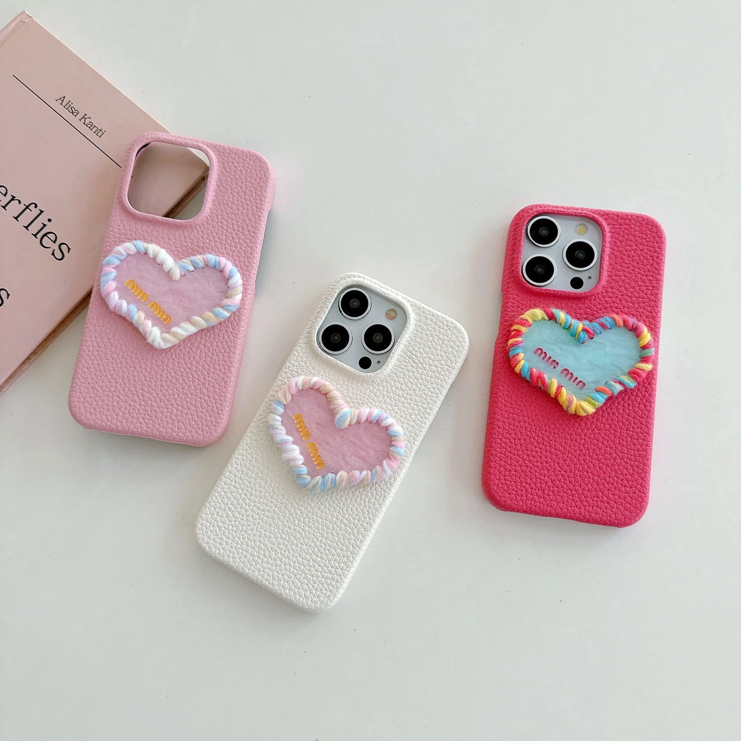 苹果ins日韩简约款彩色绒毛爱心小众独特创意纯色皮纹全包手机壳