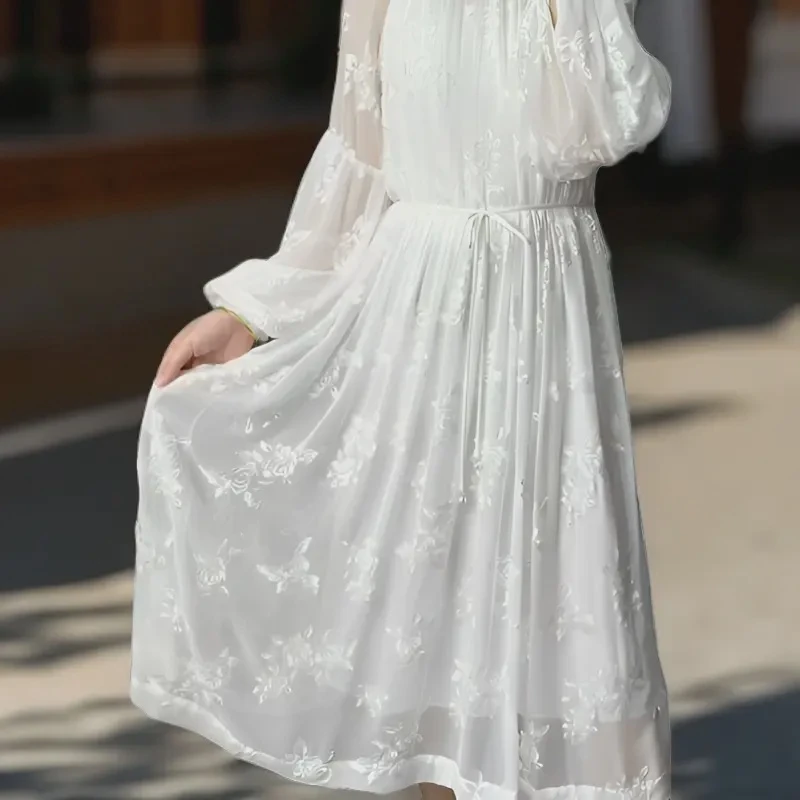重磅桑蚕丝白色高端百搭时尚气质显瘦简约绣花中长款大摆连衣裙09