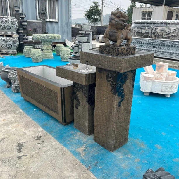 石雕青石仿古做旧狮子款创意古风流水摆件室内室外基础摆件