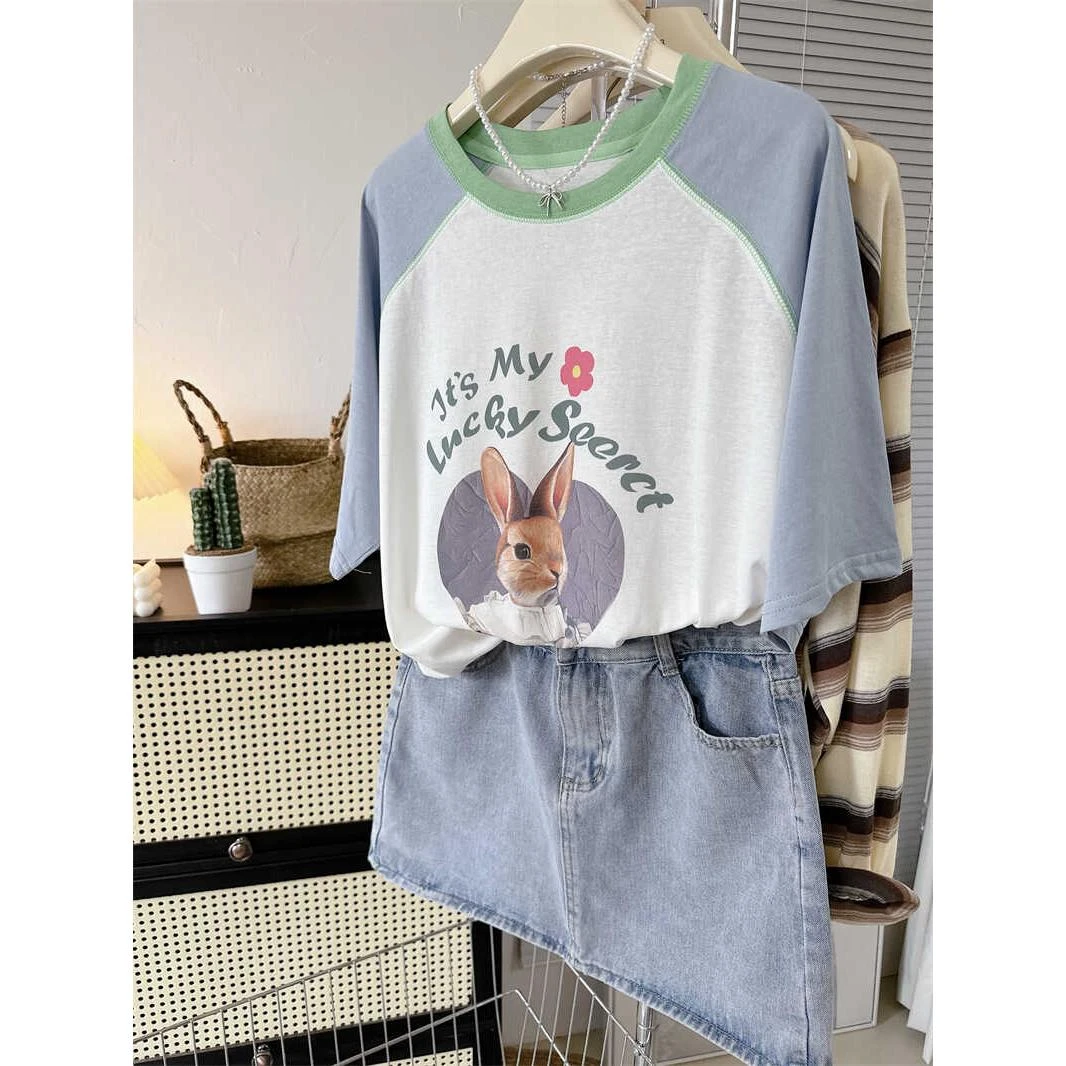 雪千羽大码纯棉撞色插肩短袖T恤女夏季薄款减龄印花胖mm宽松上衣