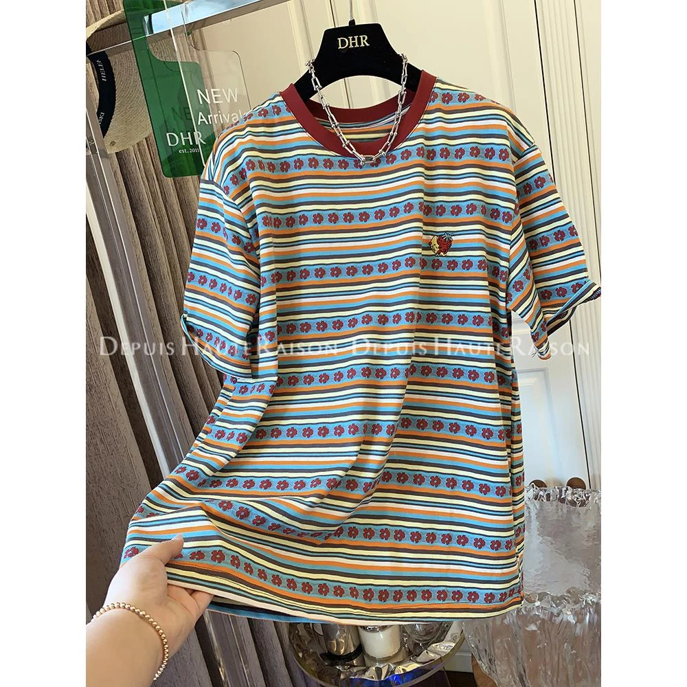 雪千羽撞色条纹短袖T恤女2025夏季新款胖妹妹大码宽松遮肉上衣潮