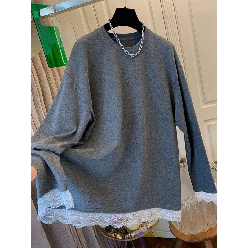 雪千羽大码240斤法式蕾丝磨毛长袖T恤打底衫女秋冬季加厚德绒上衣