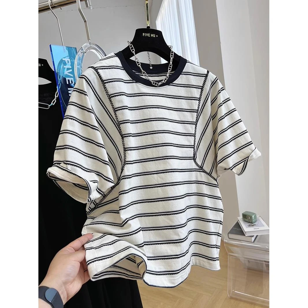 雪千羽欧货胖mm大码纯棉蝙蝠条纹短袖t恤女设计感宽松遮肚上衣夏