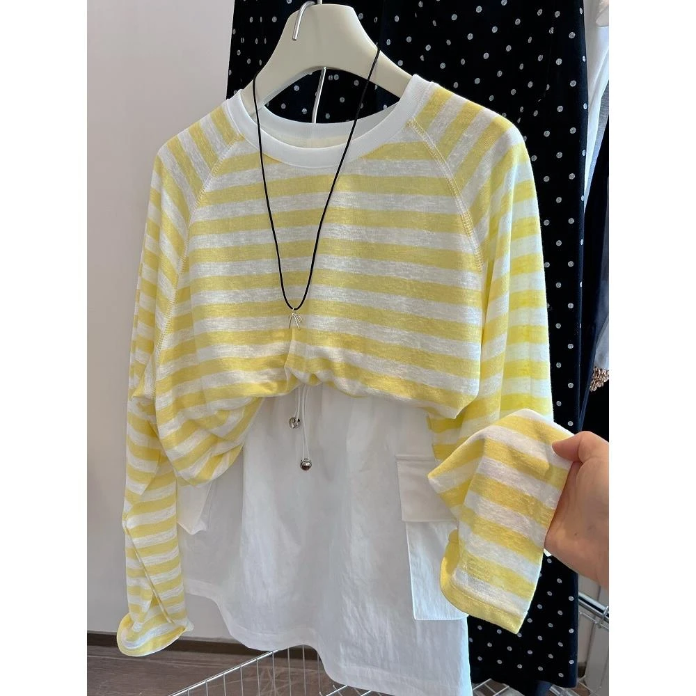 雪千羽大码慵懒风长袖T恤女2025新款轻薄透气竹节棉宽松防晒上衣