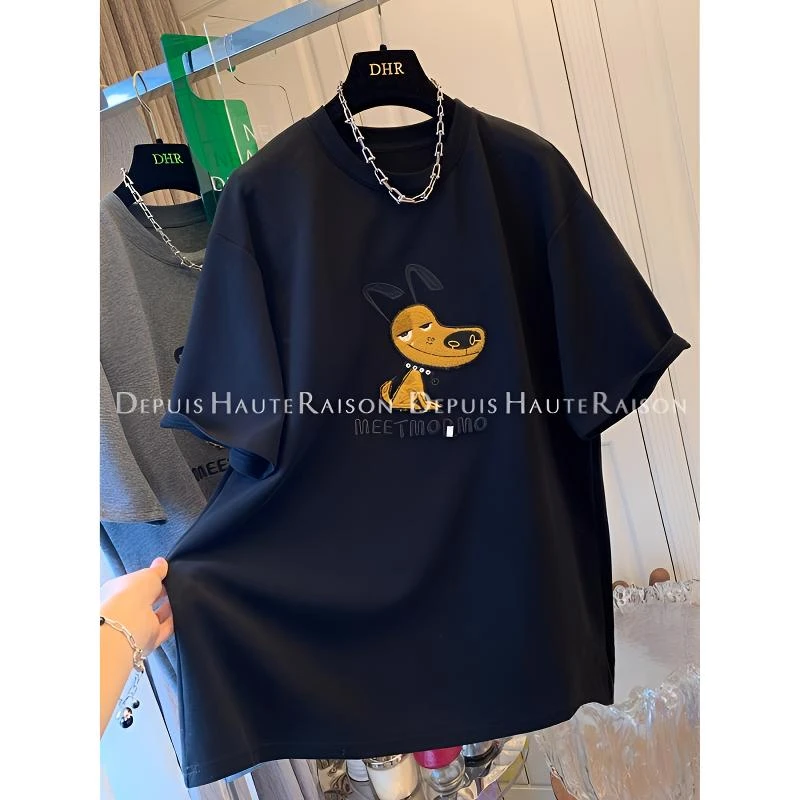 雪千羽大码胖MM欧货刺绣小狗磨毛短袖打底衫女秋冬宽松T恤上衣潮