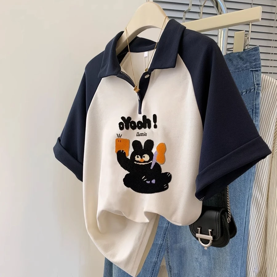 胖妹妹大码Polo衫插肩短袖t恤女2025夏季宽松设计感撞色半袖上衣