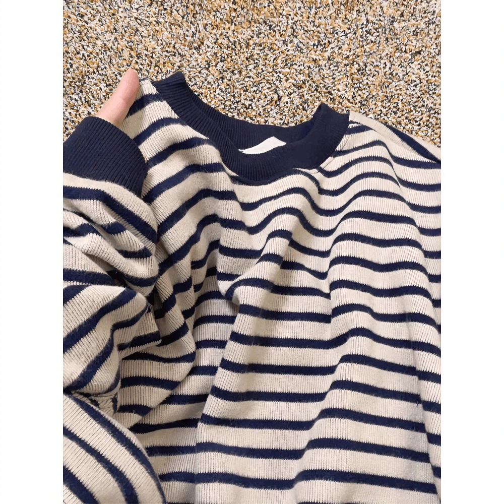 美式oversize条纹圆领卫衣女春秋2025新款爆款宽松慵懒风外套上衣