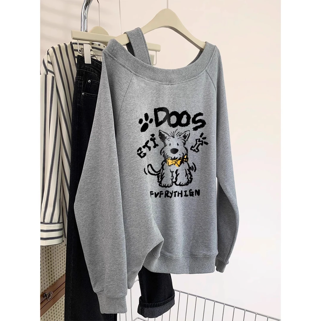 大码女装春秋慵懒风灰色斜肩卫衣女早秋2024新款宽松露肩长袖上衣