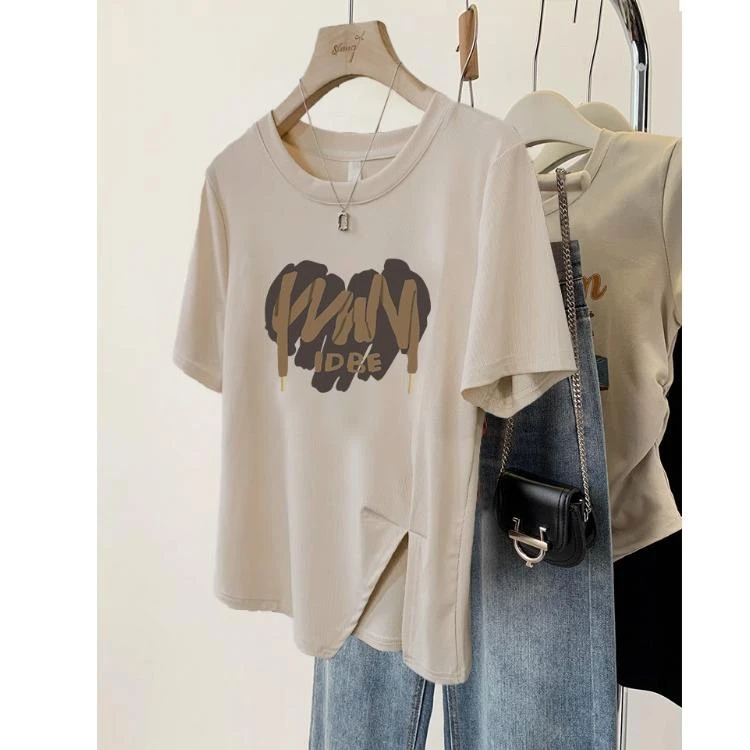 雪千羽大码正肩印花短袖t恤女夏季宽松设计感不规则下摆开叉上衣