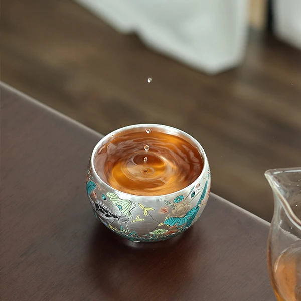 鱼藻纹鎏银主人杯陶瓷仿古中式茶杯家用茶杯功夫茶具礼盒装银酒杯