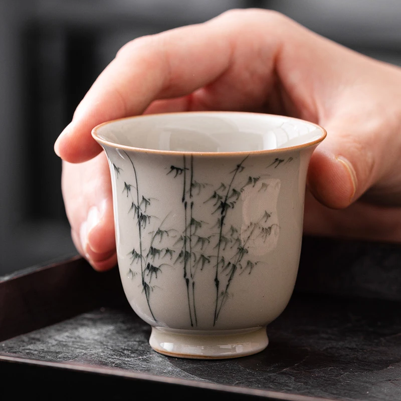 中式手绘文竹闻香杯复古禅意陶瓷茶具功夫小茶杯品茗杯喝茶小杯子