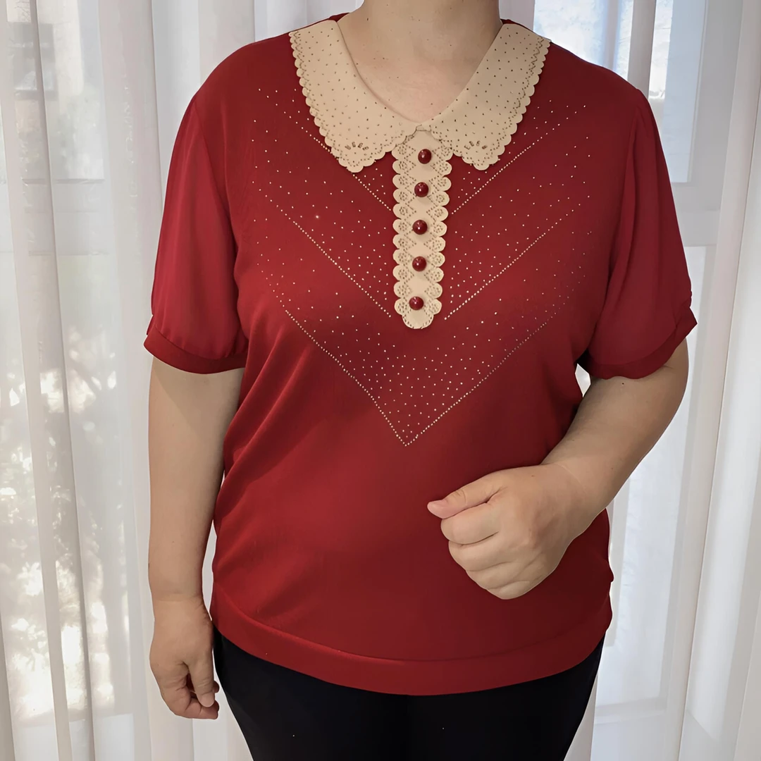 2024夏季新款气质洋气中老年时尚妈妈装红色显瘦遮肚透气上衣5233