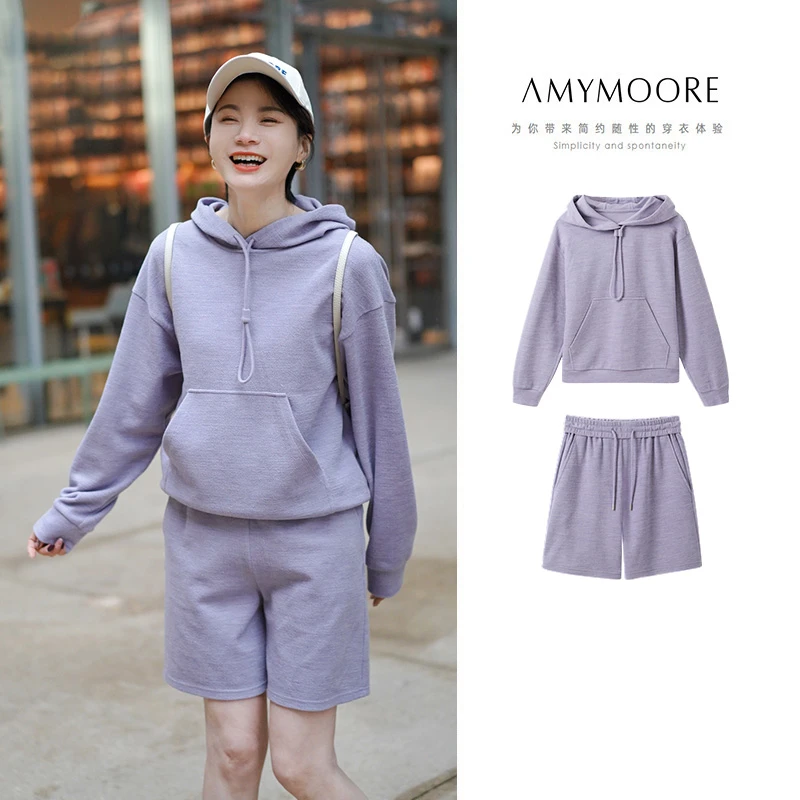 【为爱放价】AMYMOORE春时尚连帽卫衣洋气套装宽松简约女97132 减龄