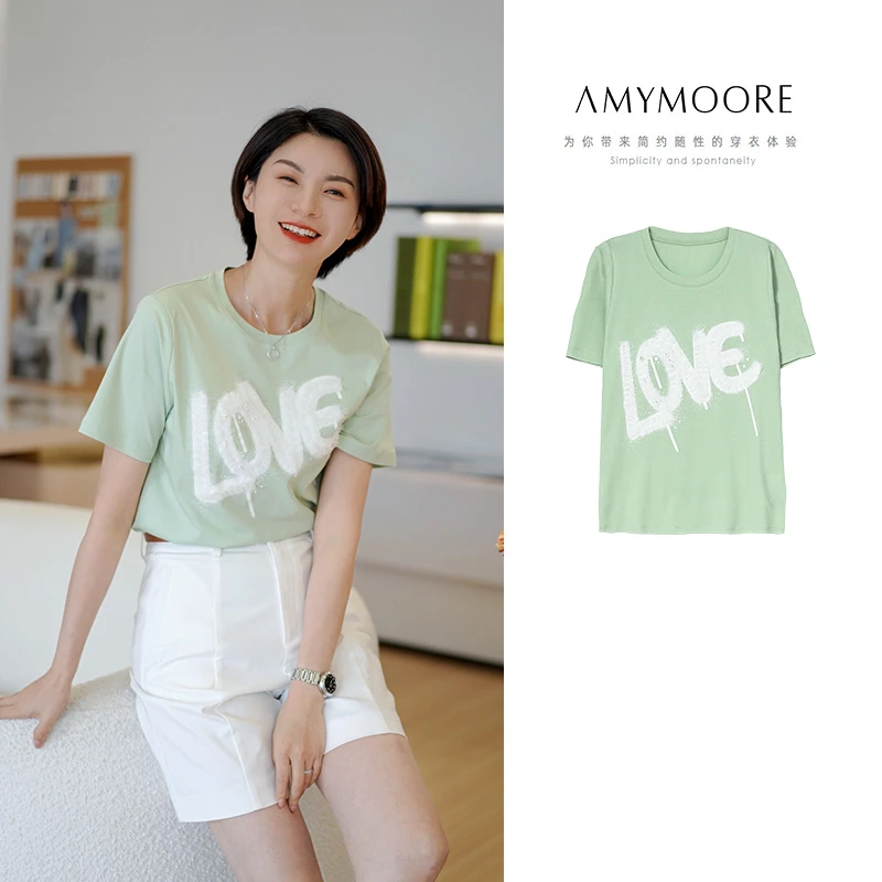 【为爱放价】AMYMOORE春新全棉短袖T恤立体LOVE圆领舒适女321000
