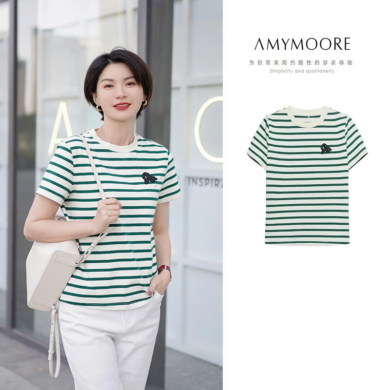 【为爱放价】AMYMOORE女夏条纹圆领T恤短袖全棉休闲简约女士320950
