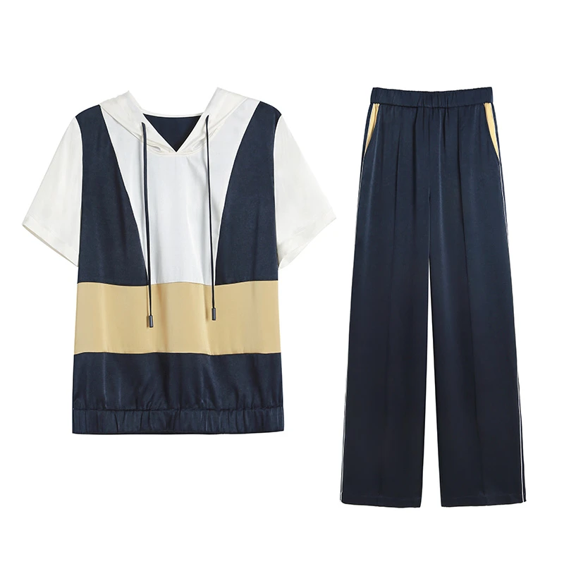 AMYMOORE【为爱放价】连帽藏青色短袖套装女撞色显瘦宽松女士97110