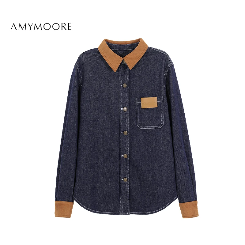AMYMOORE【为爱放价】 时尚洋气撞色宽松复古牛仔衬衫女 41389