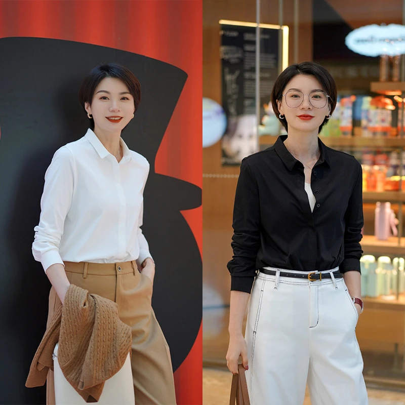 AMYMOORE艾莫尔休闲长袖夏季纯棉白色衬衣气质女装衬衫时尚370638