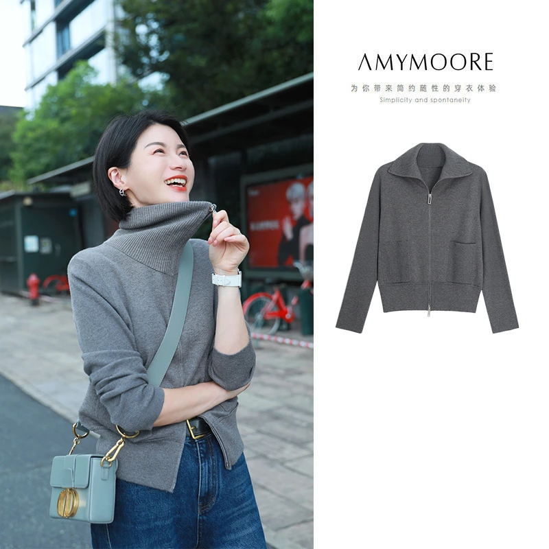AMYMOORE艾莫尔新春季女装毛衣长袖外套翻领毛针织上衣时尚780115