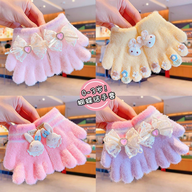 2024新款蝴蝶结手套儿童手套针织毛绒宝宝全指加厚保暖小孩分指套