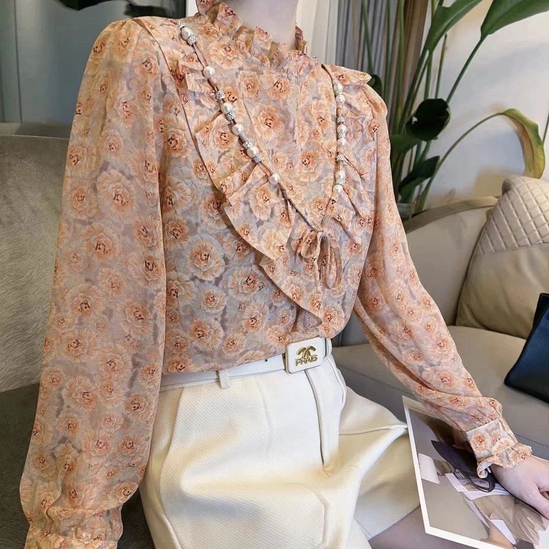 2023时髦贵气新款长袖上衣网红气质女百搭碎花名媛减龄显瘦时尚衬