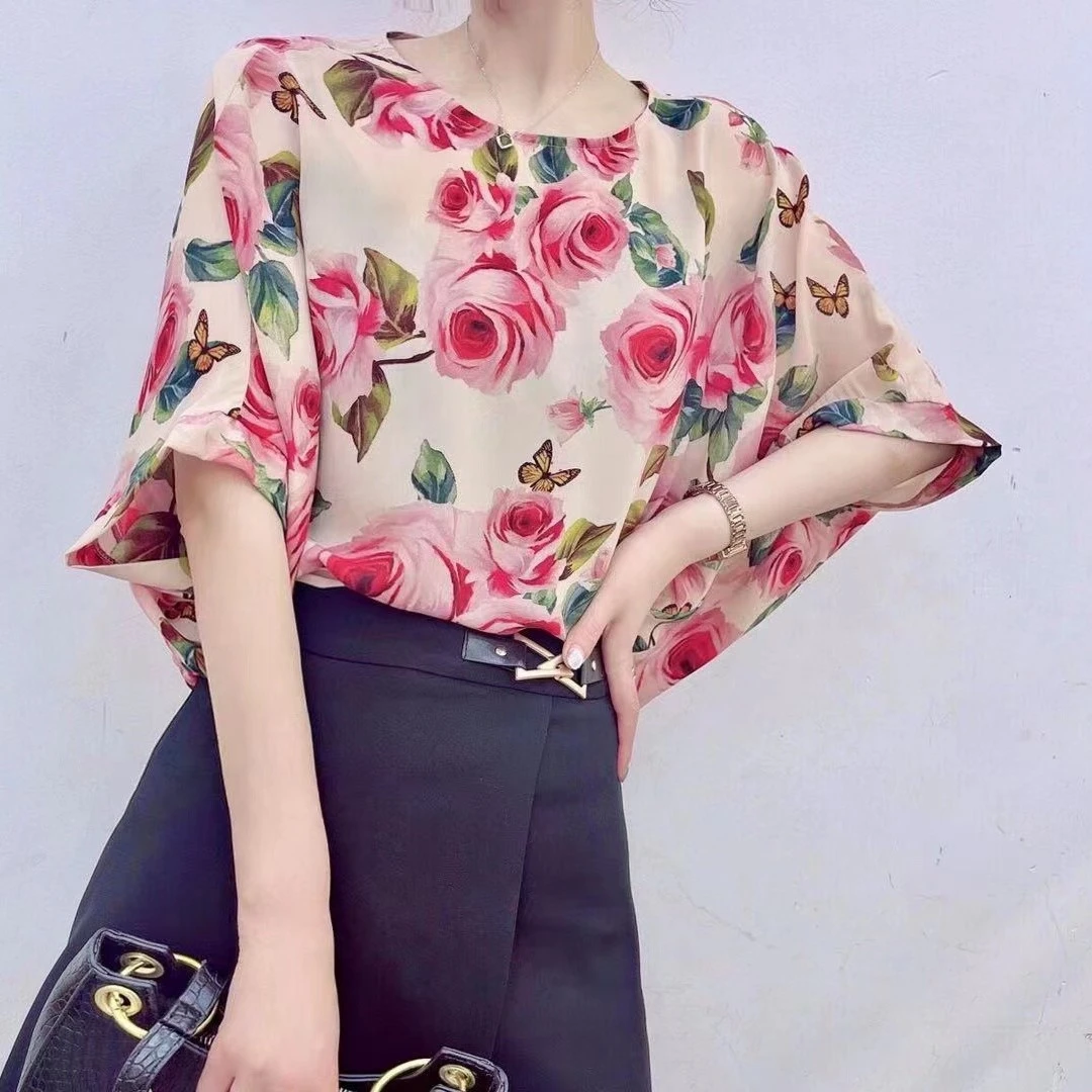 2023短袖圆领百搭洋气上衣名媛优雅气质显瘦减龄碎花衬衣