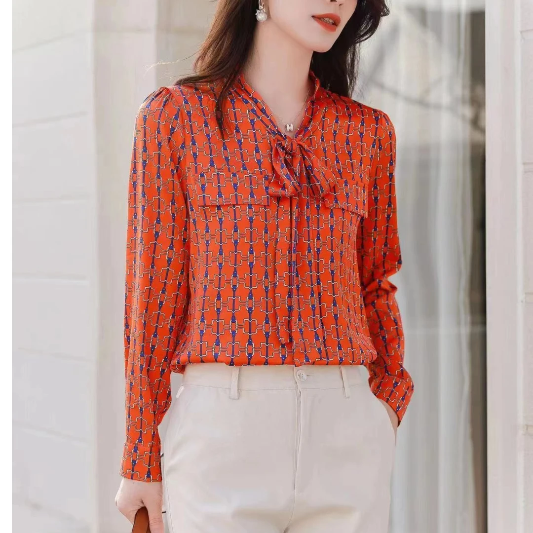 洋气百搭女人味国风上衣显瘦气质复古时尚印花长袖女衬衫衬衣打底