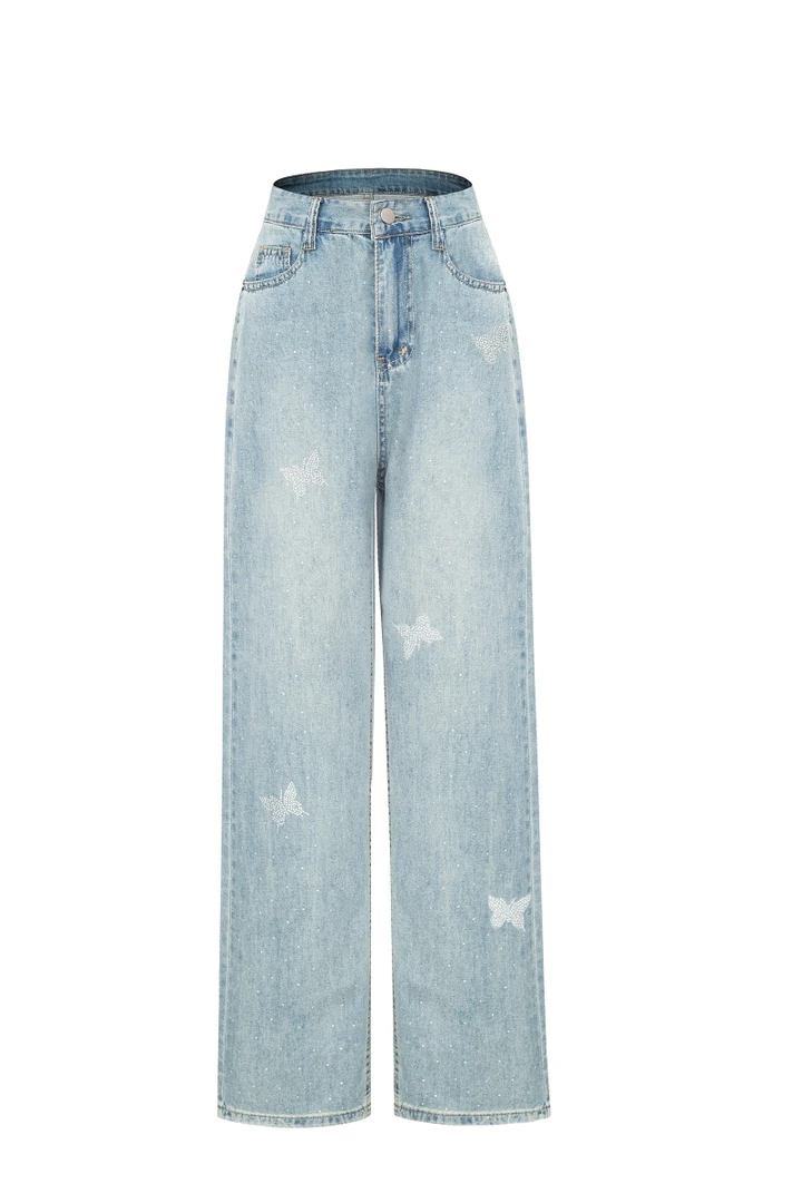 阔腿牛仔裤女2024夏季新款高腰薄款直筒宽松烫砖蝴蝶花