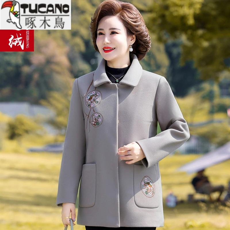 妈妈秋装外套洋气50岁女毛呢外衣新款中年女秋冬气质绣花呢子上衣