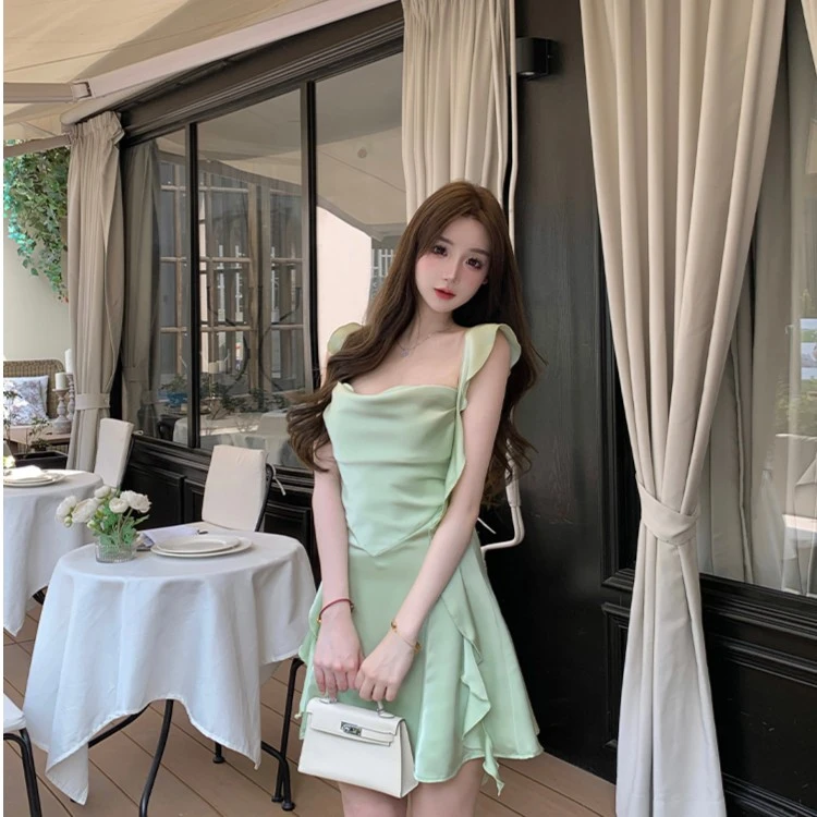 [现货]夏显瘦绿色气质缎面荷叶边飘带仙女裙荡领连衣裙夏季夏季