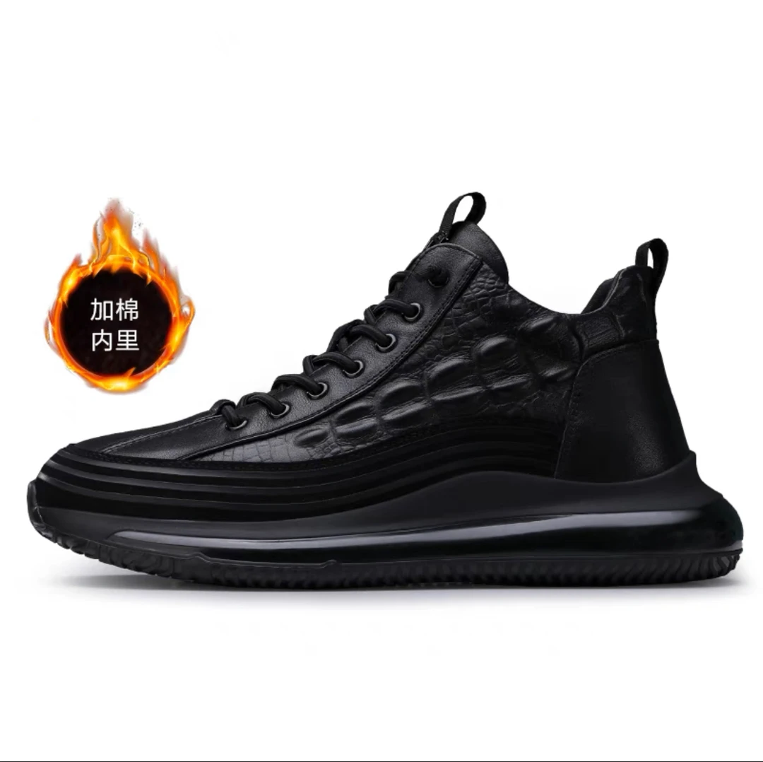 广州男鞋秋冬新款时尚高帮休闲鞋加棉保暖系带气垫厚底休闲鞋子
