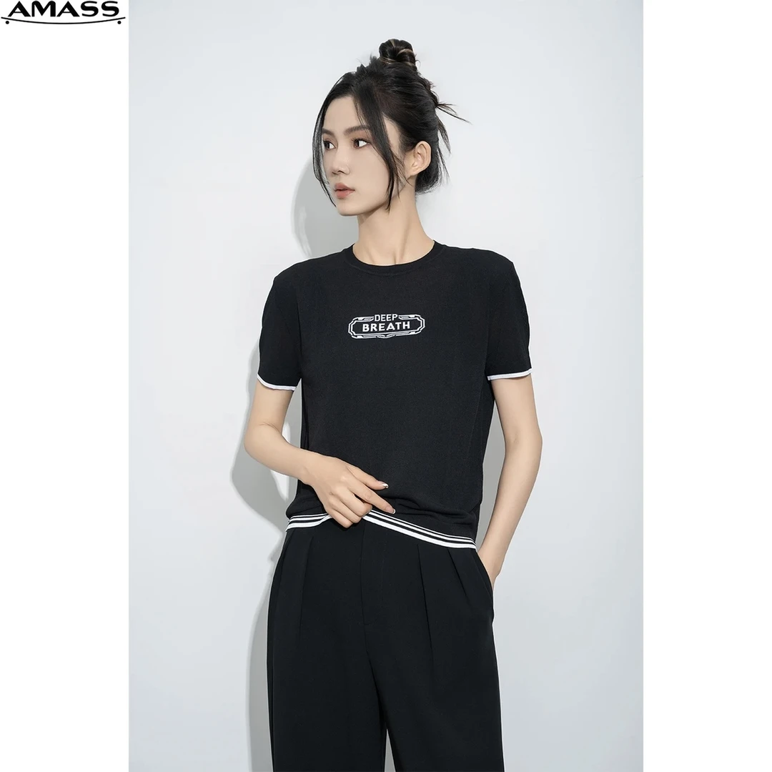 AMASS/阿玛施休闲时尚黑白拼色简约字母圆领合身短袖套头5399619