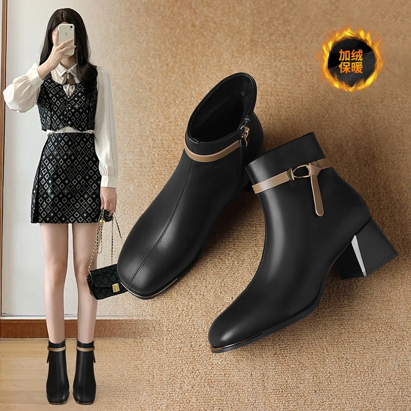 ZHR/则则法式粗跟短靴女2025秋冬季加绒百搭瘦瘦靴皮带扣装饰女靴
