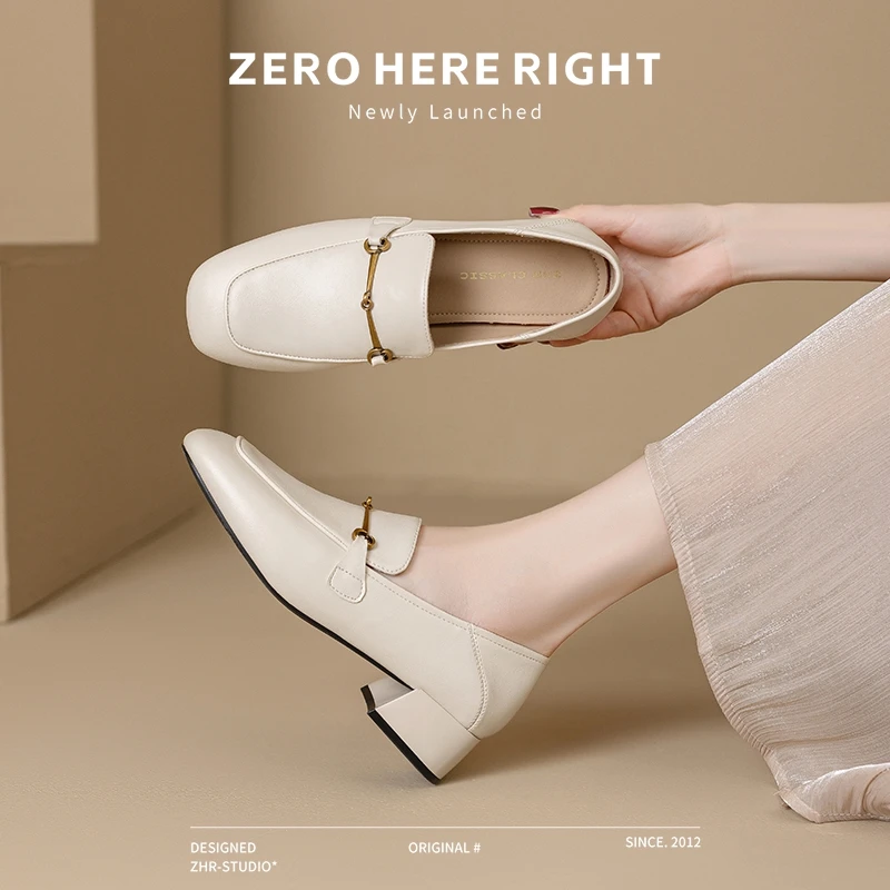 ZHR/则则中口单鞋女2025夏季金属扣粗跟女鞋软底百搭中跟乐福女鞋